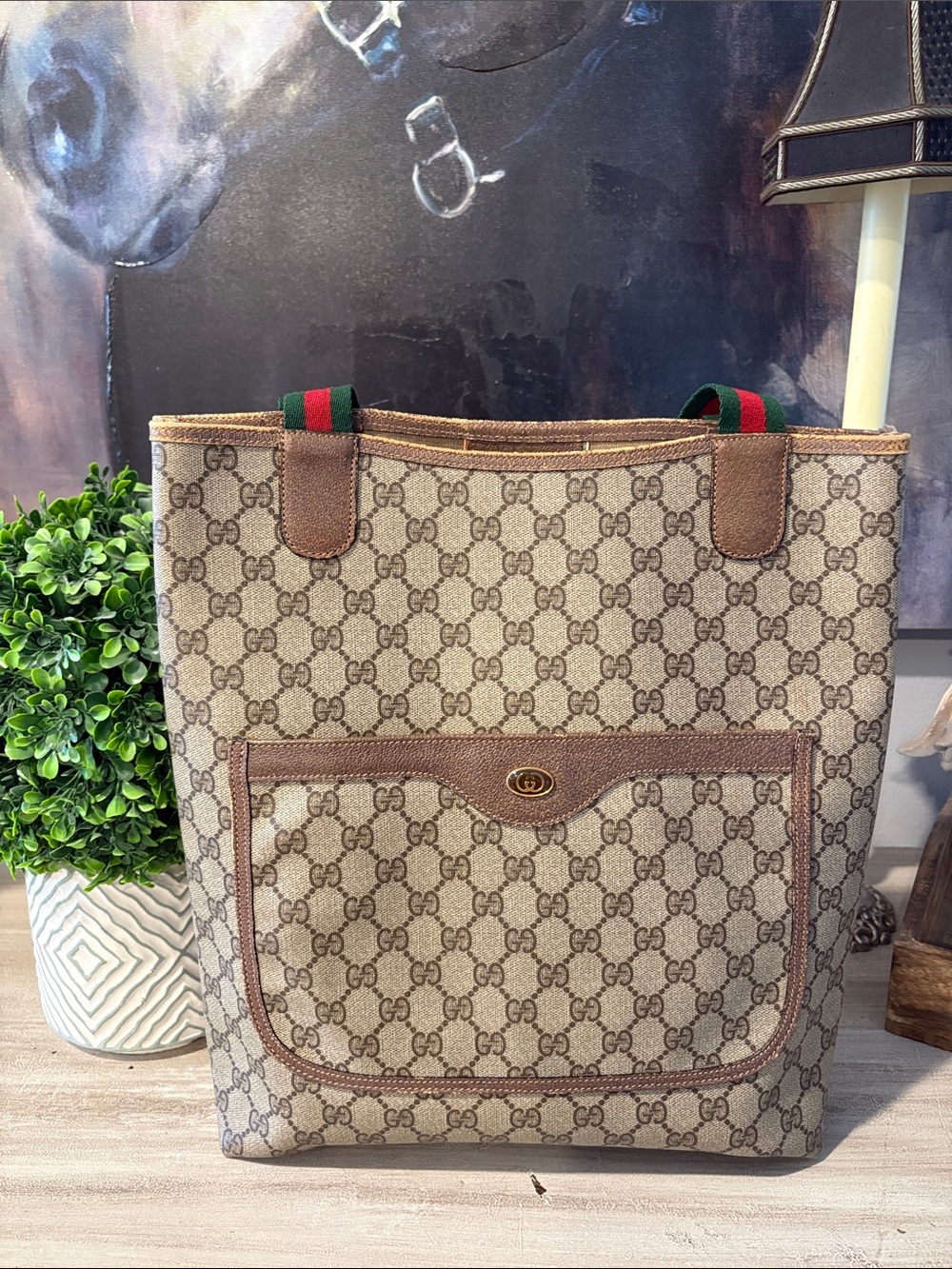 Gucci Beige GG Canvas Tote with Brown Trim and Green-Red Web Handles